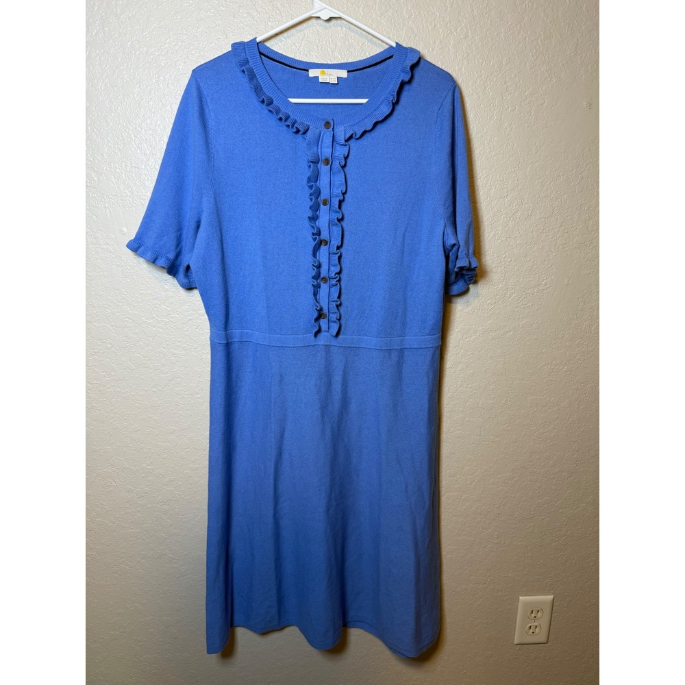 Boden Blue Knit Dress Ruffle Trim Short Sleeve Casual Womens